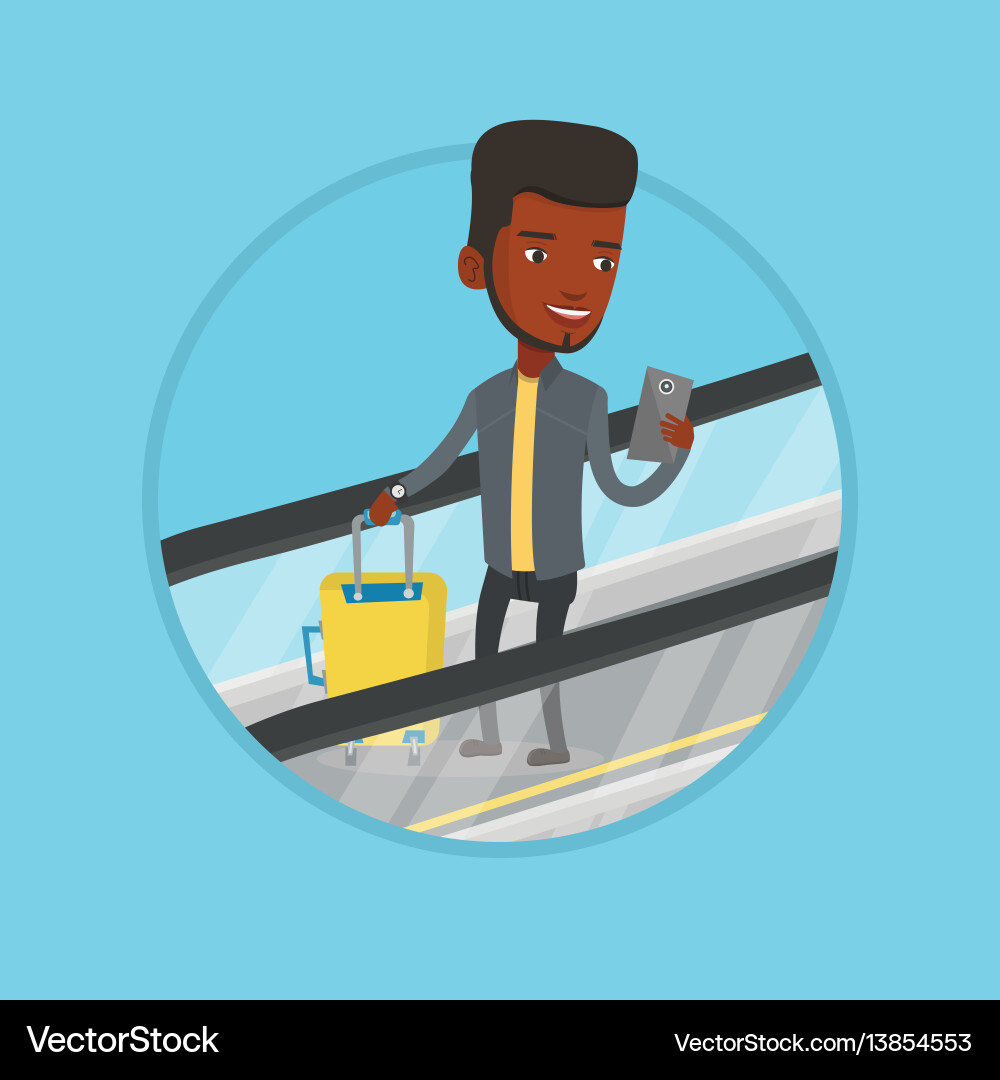 Man using smartphone on escalator in airport Man using smartphone on escalator in airport vector image