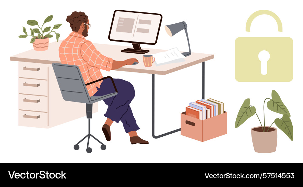 Man working at desk on computer with digital lock Man working at desk on computer with digital lock vector image