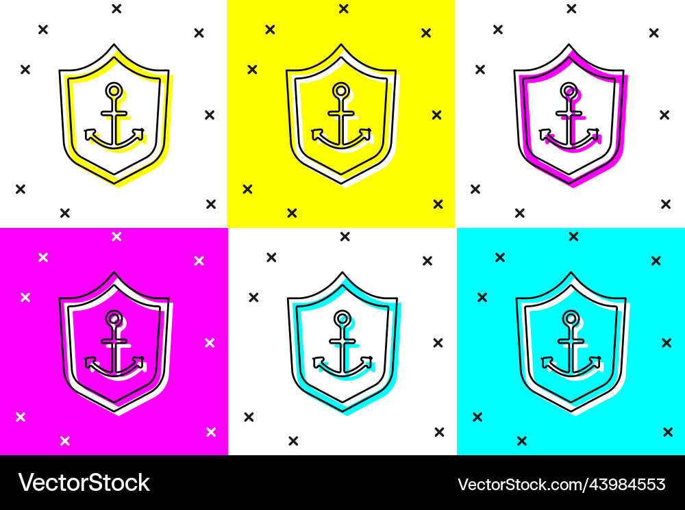 Set anchor inside shield icon isolated on color Set anchor inside shield icon isolated on color Vector Image