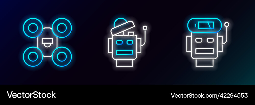 Set line robot low battery charge drone and icon Vector Image