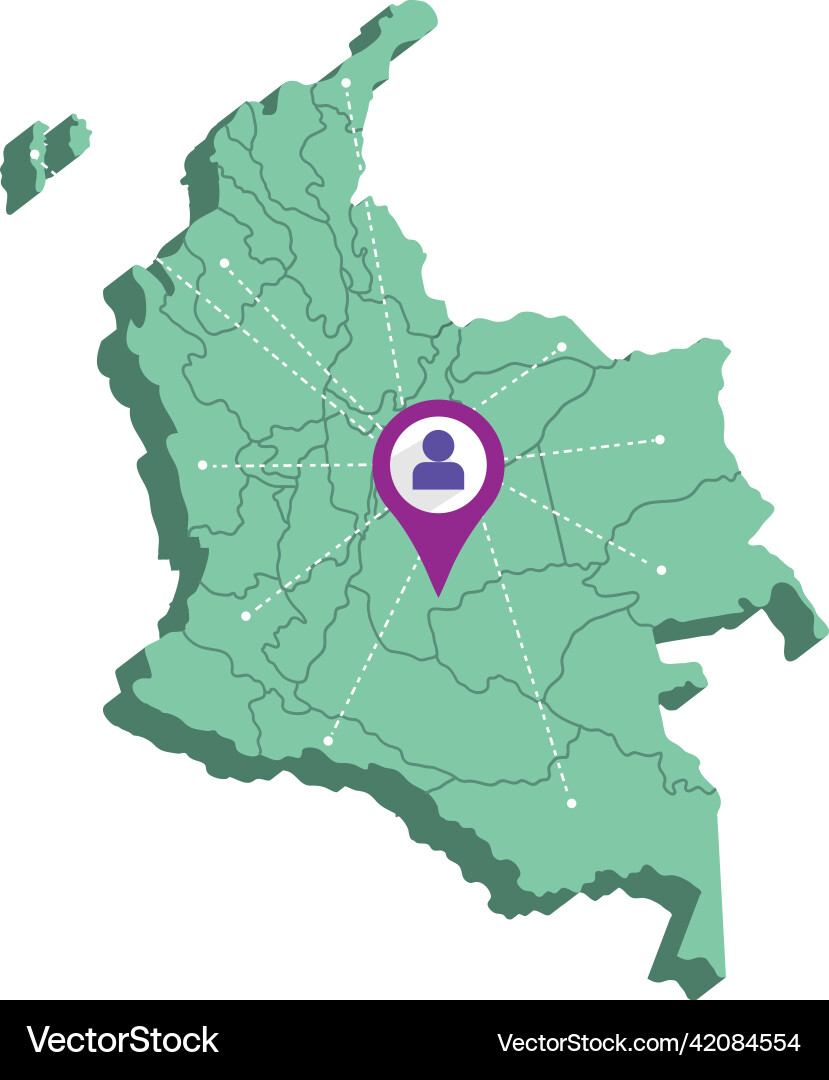 Isolated 3d render map of colombia with a pin Vector Image