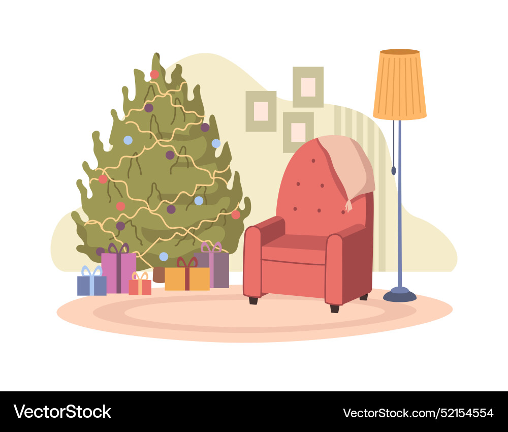 Weihnachtsbaum mit Geschenke Sessel und Lampe Weihnachtsbaum mit Geschenke Sessel und Lampe vektorbild