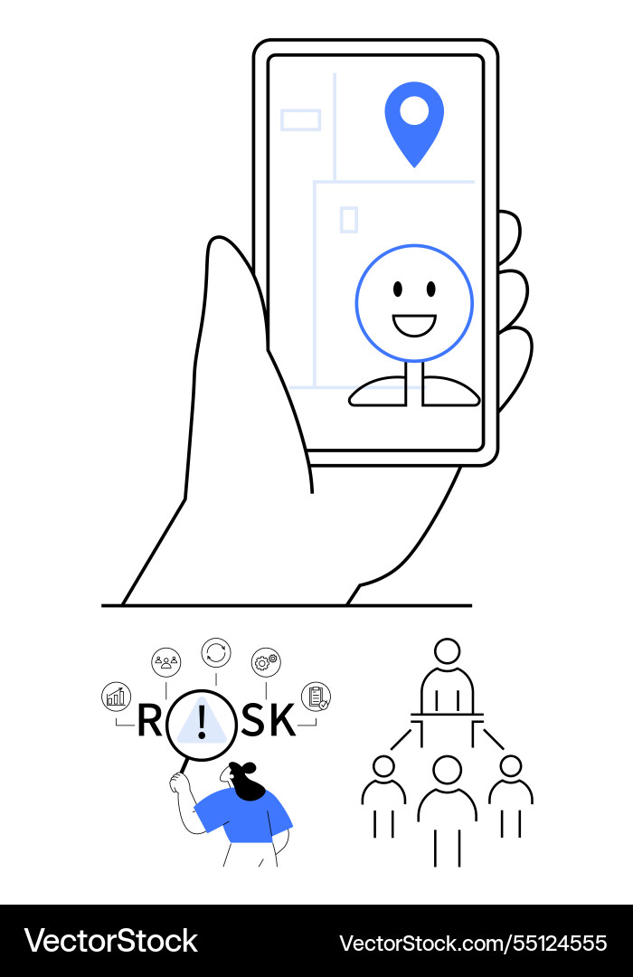 Hand holding phone displaying map smiling avatar Hand holding phone displaying map smiling avatar vector image