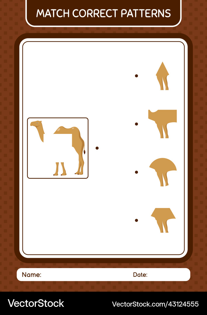 Match pattern game with camel worksheet vector image