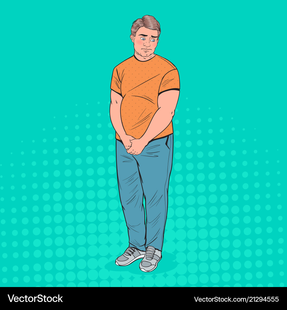 Pop art shy fat man overweight ashamed young guy Pop art shy fat man overweight ashamed young guy vector image