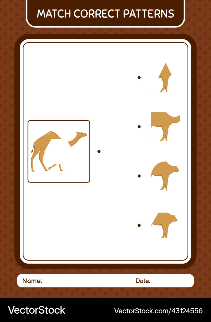 Match pattern game with camel worksheet Match pattern game with camel worksheet vector image