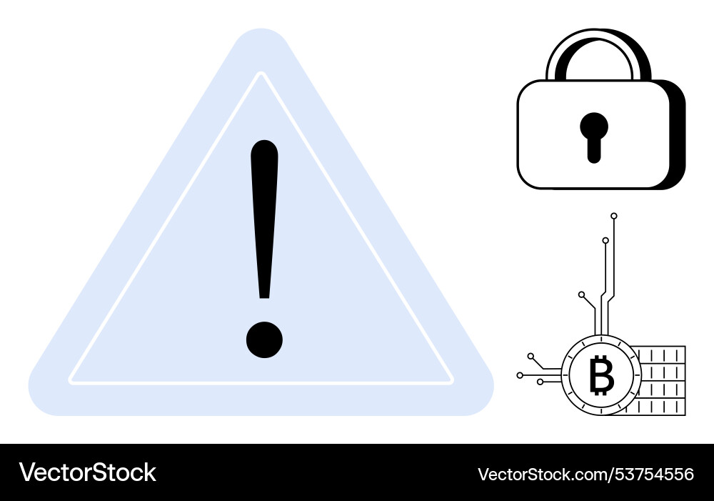 Warning symbol with lock and bitcoin circuit vector image