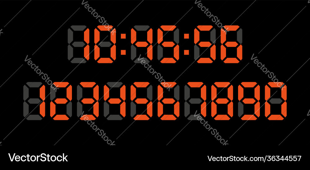 Digital clock numbers on black background set red Digital clock numbers on black background set red vector image