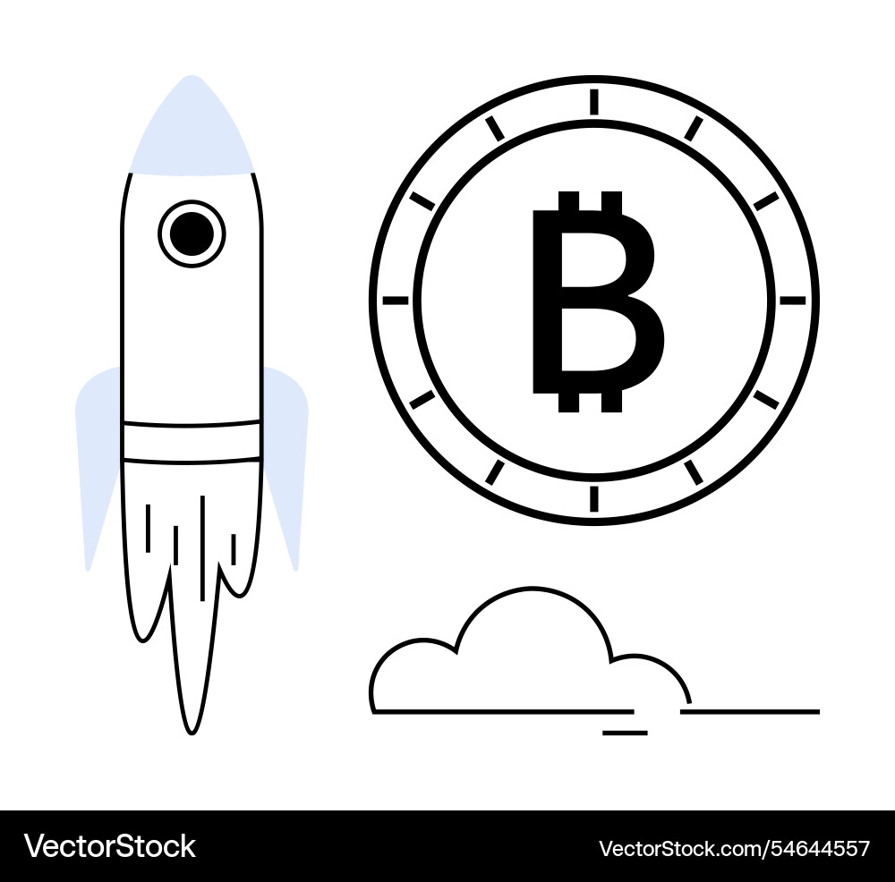 Rocket launching near a bitcoin coin with cloud Rocket launching near a bitcoin coin with cloud vector image