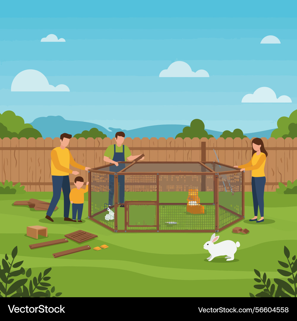Building a rabbit hutch family constructing Vector Image