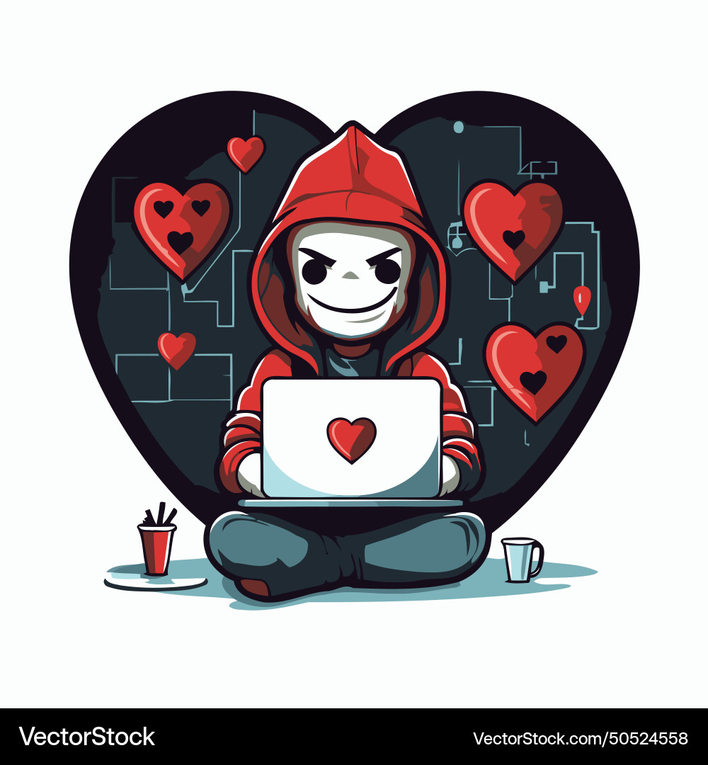 Hacker with a laptop in the shape of heart Vector Image