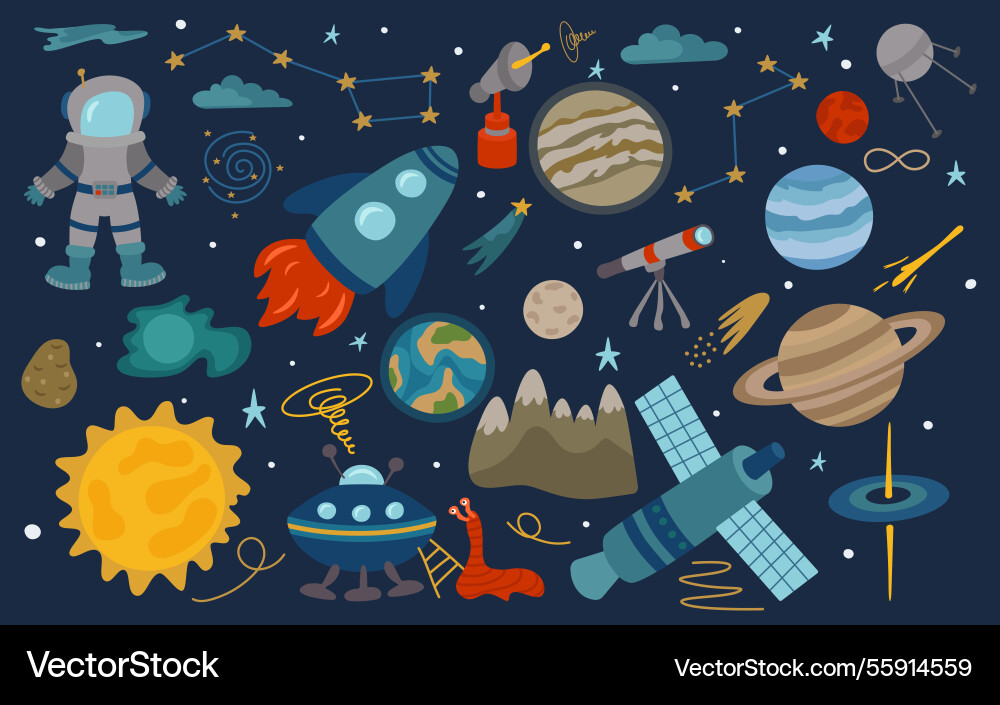 Kosmisches Set von niedlichen Cartoon-Stil Elemente Rakete Kosmisches Set von niedlichen Cartoon-Stil Elemente Rakete vektorbild