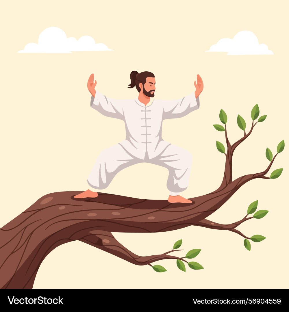 Man practicing tai chi on tree branch under Man practicing tai chi on tree branch under vector image