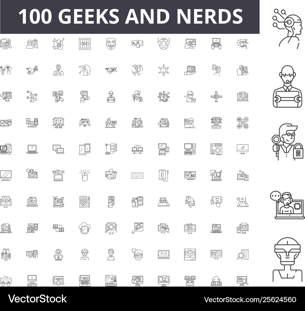 Geek Nerd Line Icons - Brain & Tech vektorbild