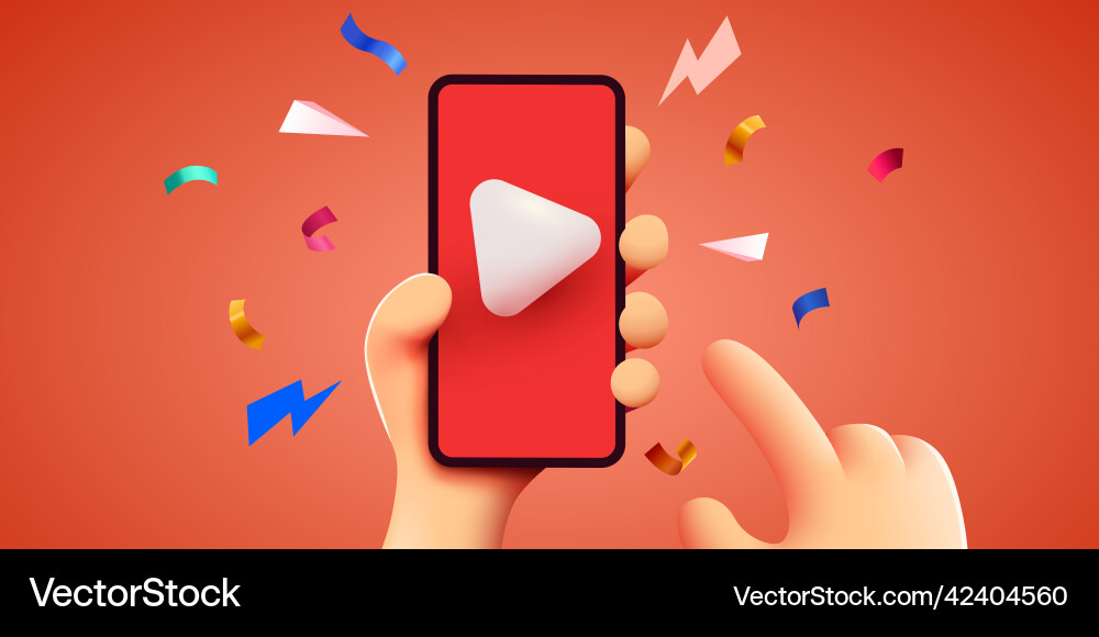 Hand holding phone with video player Hand holding phone with video player vector image