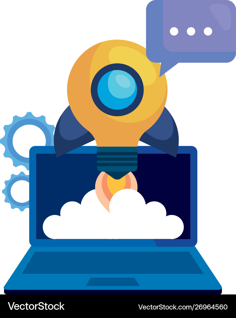 Laptop computer with rocket bulb and speech bubble vector image