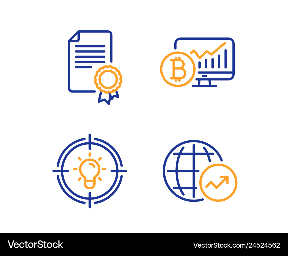 Certificate bitcoin chart and idea icons set Certificate bitcoin chart and idea icons set vector image