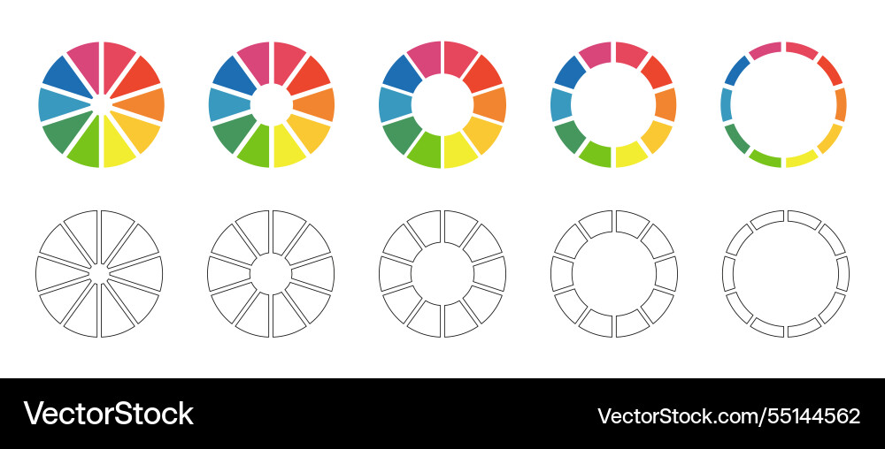 Set of donut charts pies segmented on 10 equal pa Set of donut charts pies segmented on 10 equal pa Vector Image