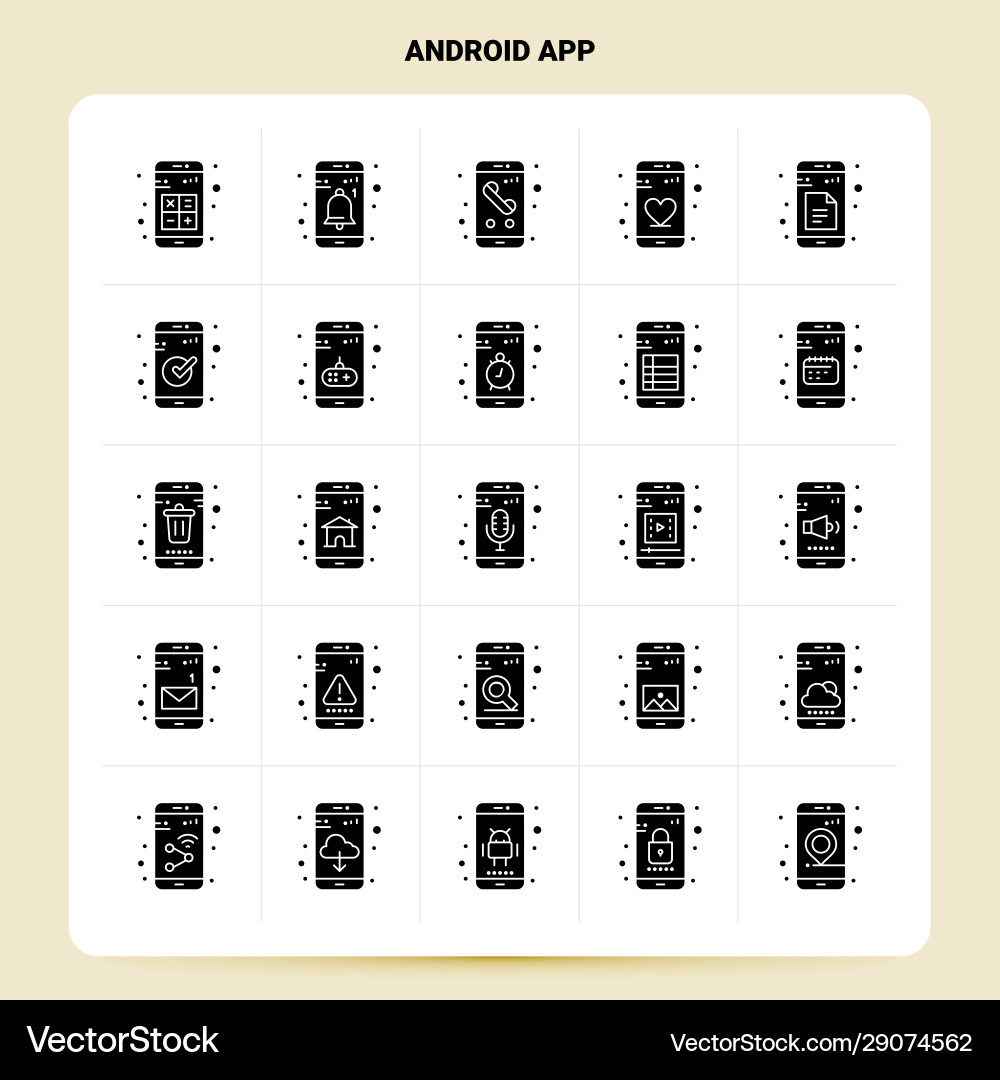 Solid 25 android app icon set glyph style design Solid 25 android app icon set glyph style design vector image