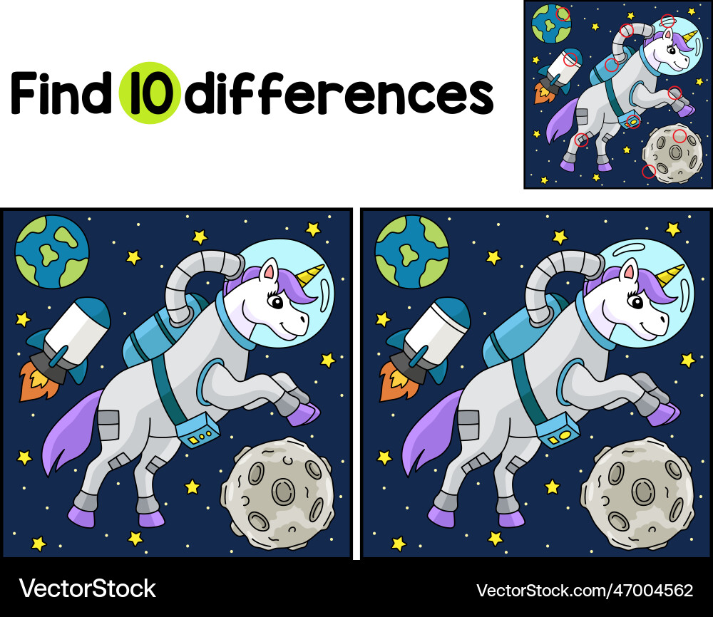 Unicorn astronaut in space find the differences vector image