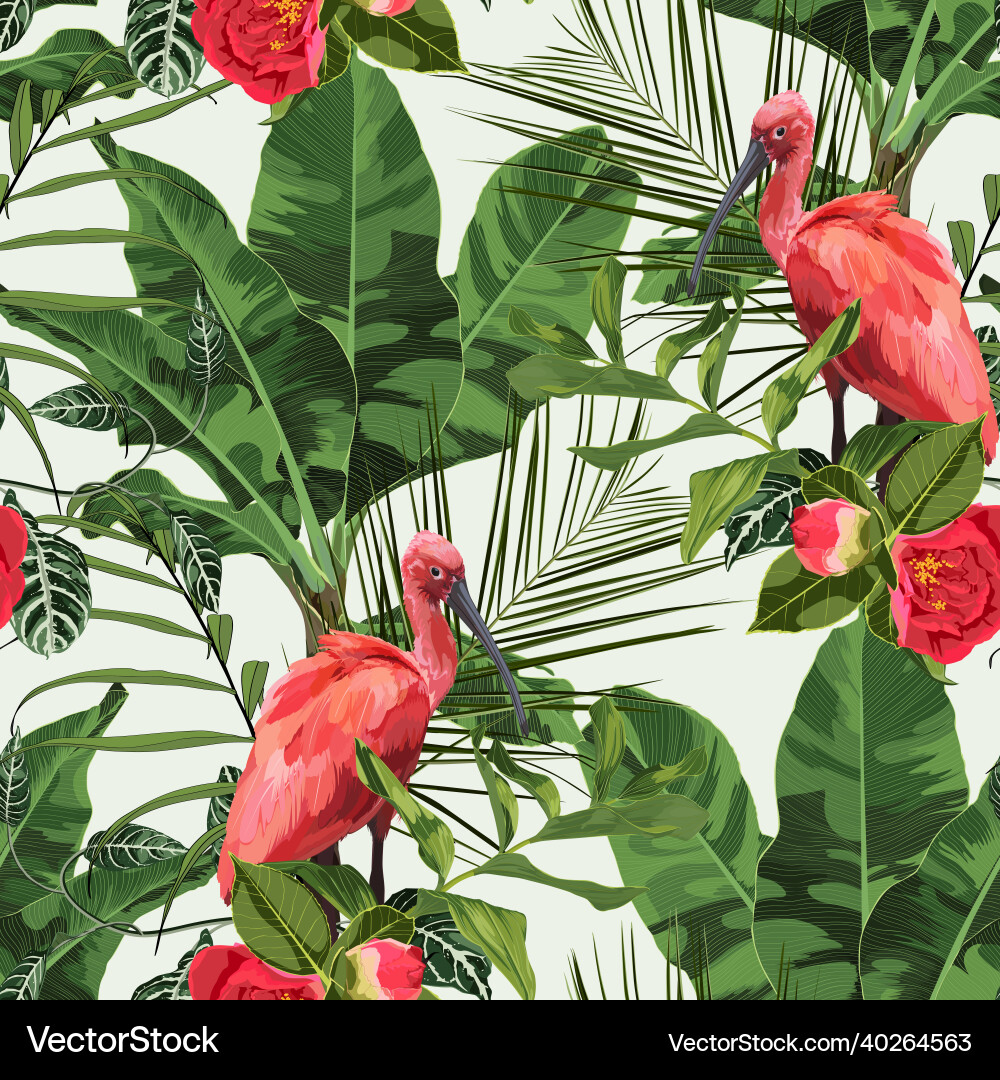 Birds scarlet ibis in the thickets with palm leave Birds scarlet ibis in the thickets with palm leave vector image