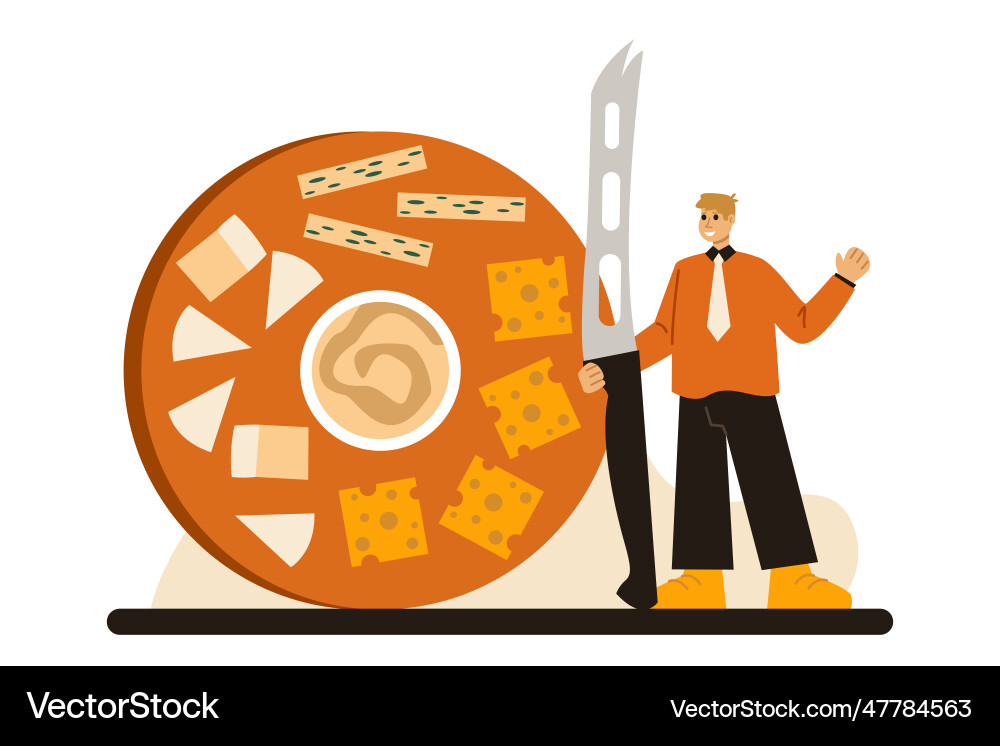 Man inviting to taste table with different sliced Vector Image
