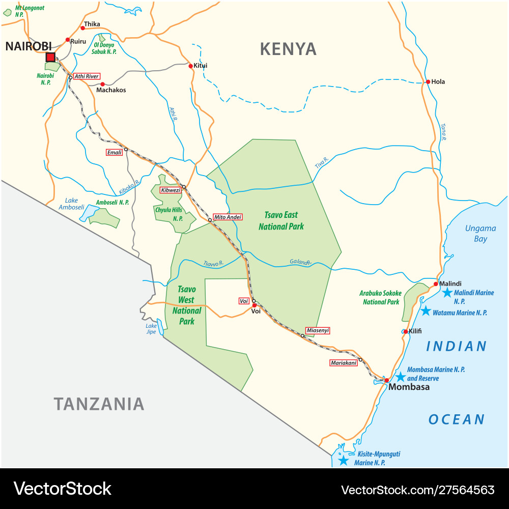 Mombasa-nairobi railway map in kenya vector image