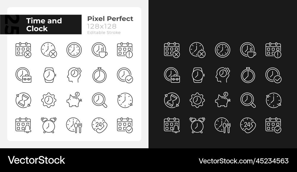 Time and clock pixel perfect linear icons set Time and clock pixel perfect linear icons set vector image