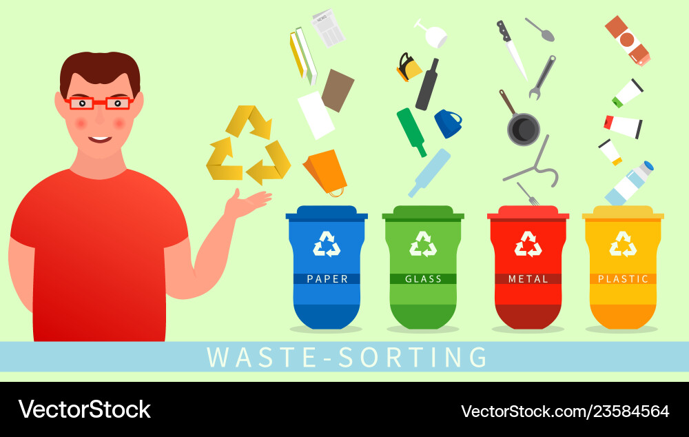 A man informs about garbage sorting cans A man informs about garbage sorting cans vector image