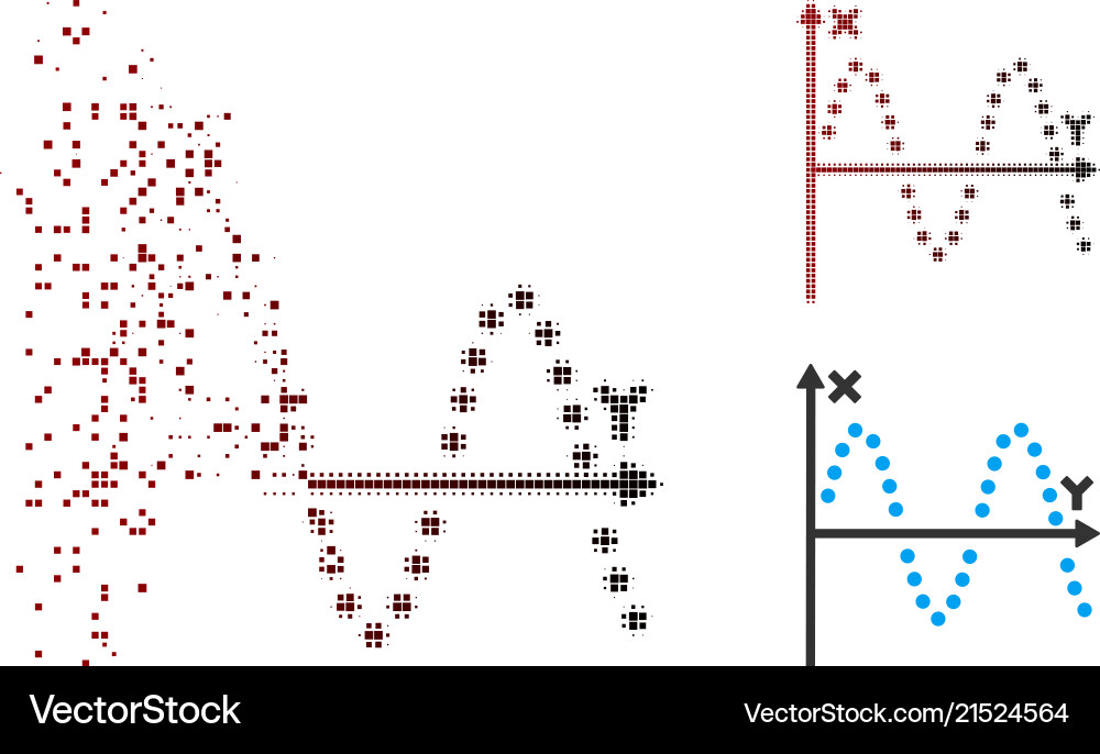 Decomposed pixel halftone sine plot icon Decomposed pixel halftone sine plot icon Vector Image