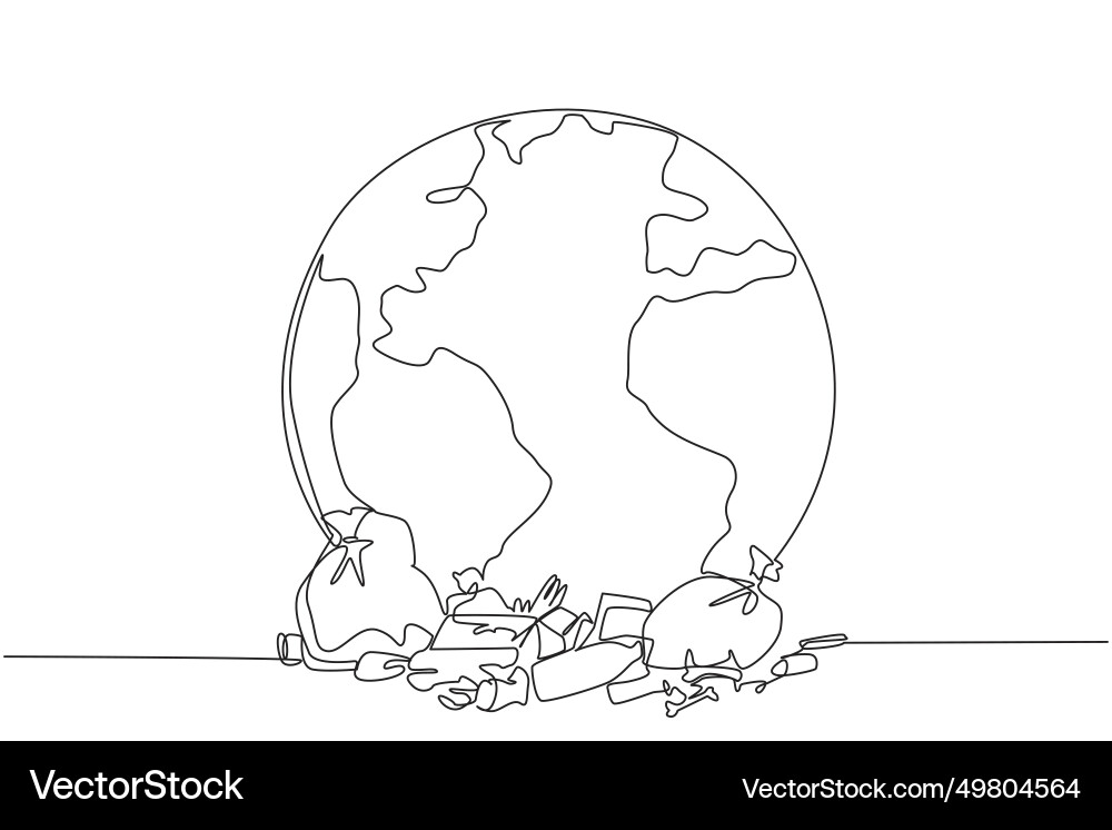 Single one line drawing a large globe surrounded Single one line drawing a large globe surrounded Vector Image