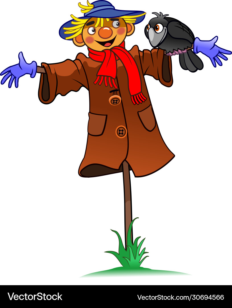 Cartoon funny scarecrow with a crow childish Cartoon funny scarecrow with a crow childish vector image