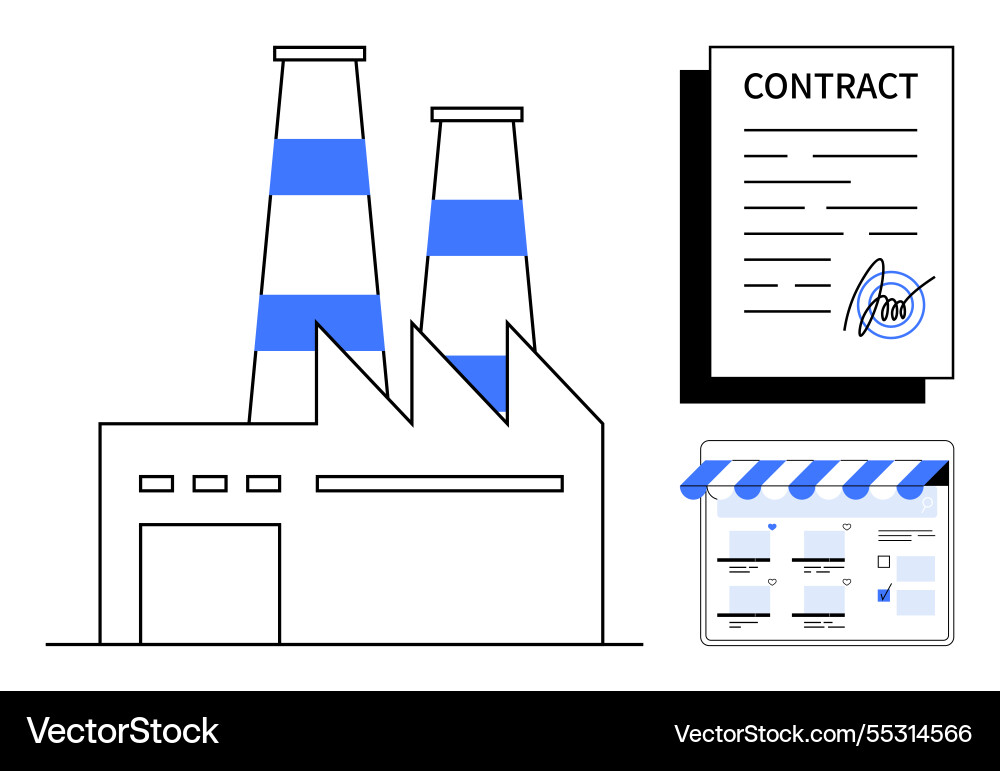 Factory building with signed contract and online Factory building with signed contract and online Vector Image