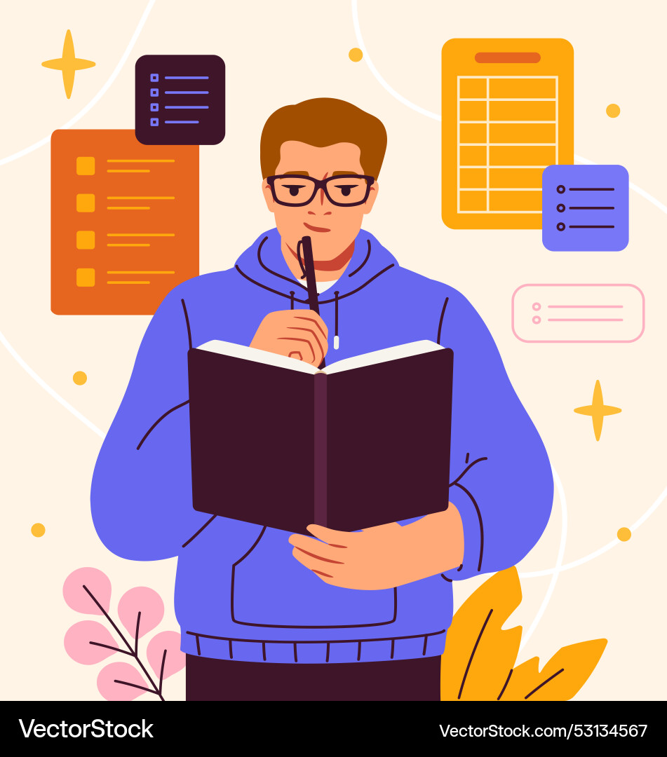 Person make notes man with diary and notebook Person make notes man with diary and notebook Vector Image