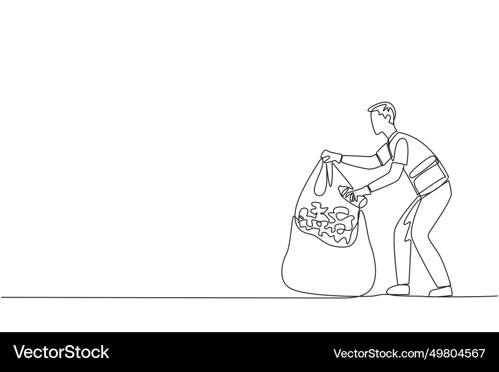 Single continuous line drawing trash man puts Vector Image