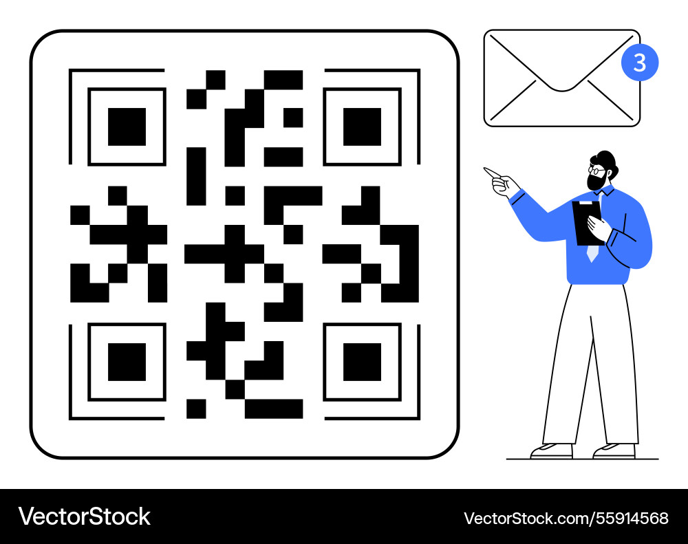 Man discussing qr code with notification envelope Man discussing qr code with notification envelope vector image