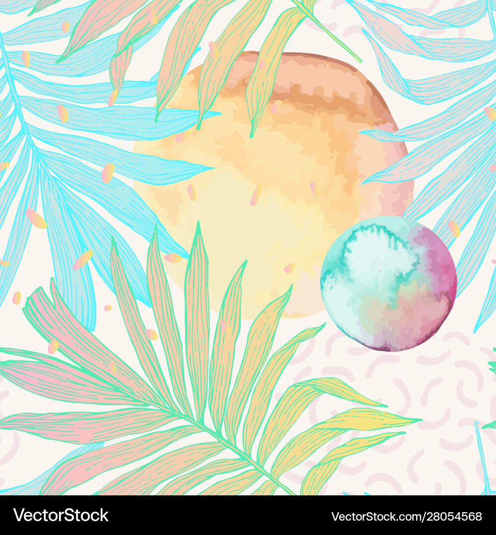 Palm leaf in line art style with water color vector image