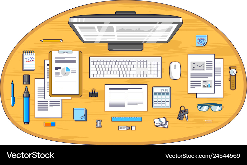 Office desk workspace top view with pc computer Office desk workspace top view with pc computer vector image