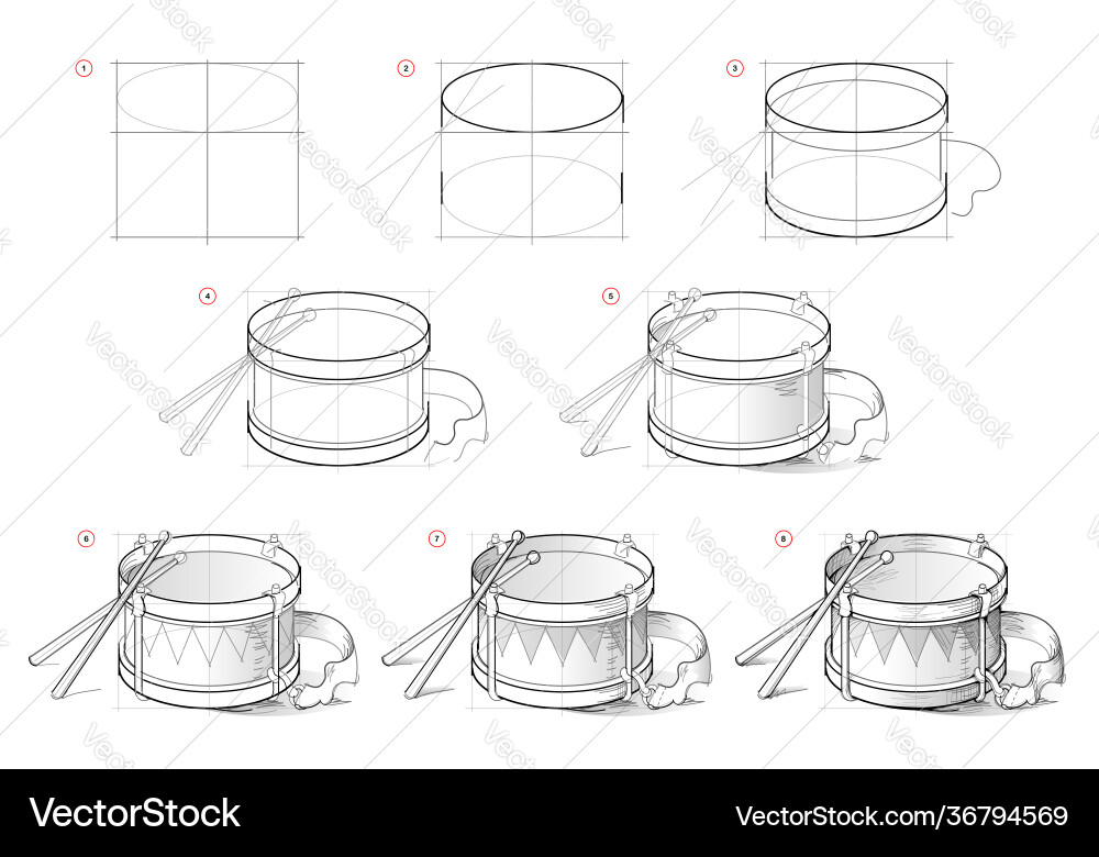 Page shows how to learn draw sketch drum Page shows how to learn draw sketch drum Vector Image