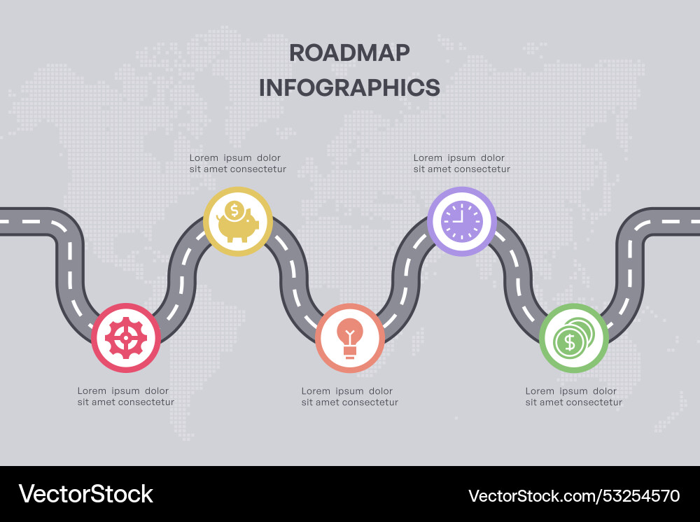 Curved road infographic with five stages on world Vector Image