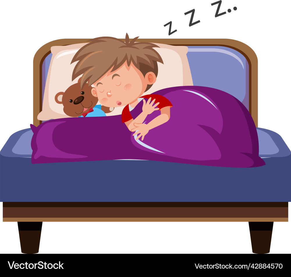 Kleiner Junge schlafen auf dem Bett Kleiner Junge schlafen auf dem Bett vektorbild