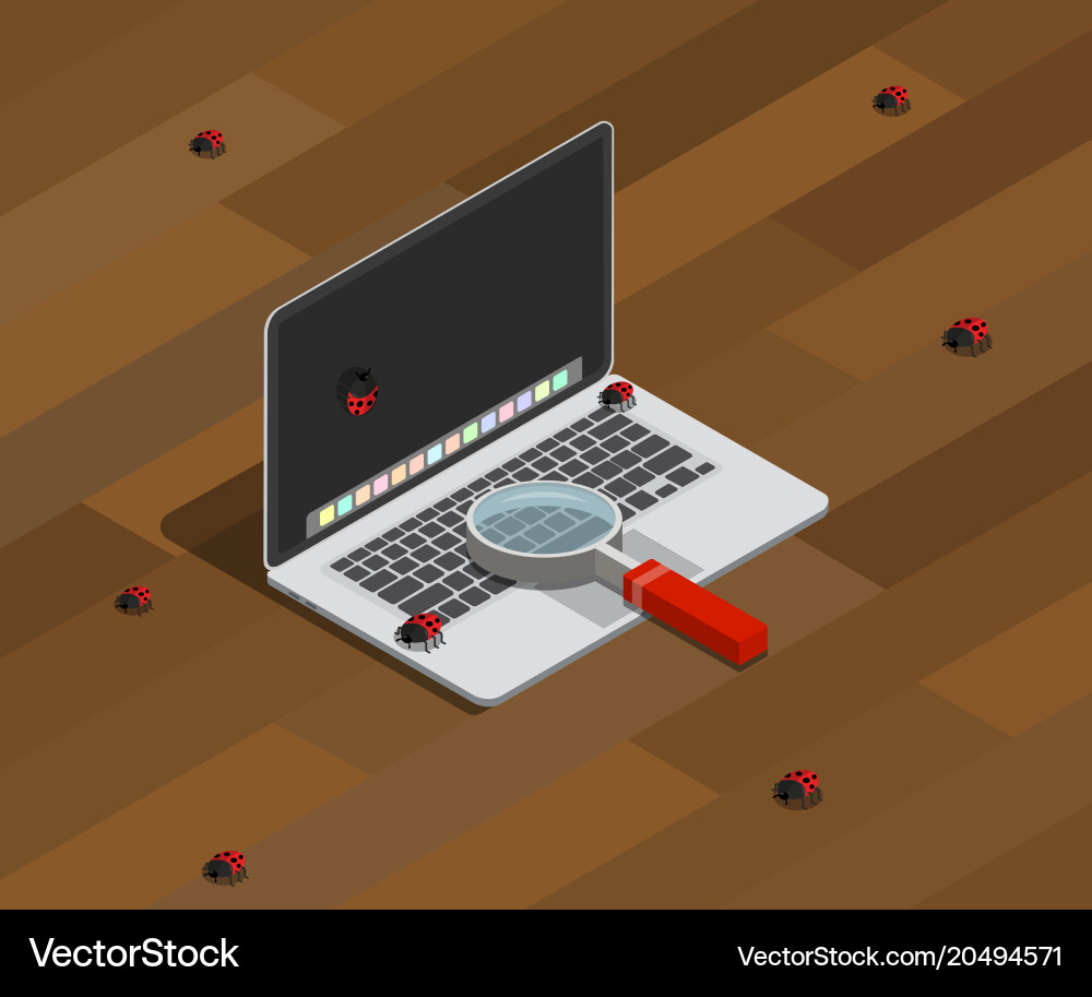 Finding bugs on computer programming with laptop Vector Image