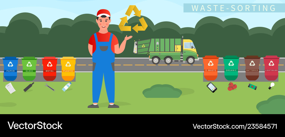 Garbage man in uniform informs about Garbage man in uniform informs about vector image