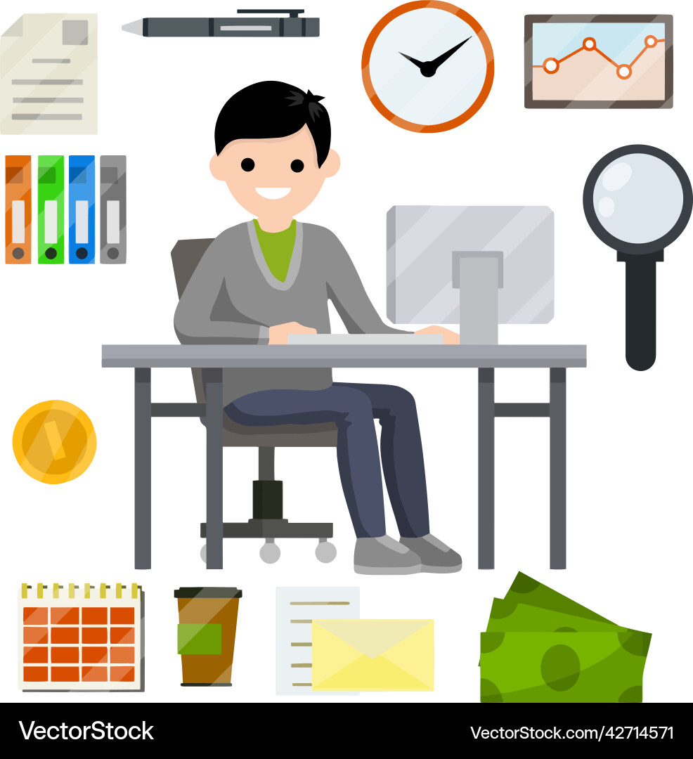 Man sit at desk with computer and typing Man sit at desk with computer and typing vector image
