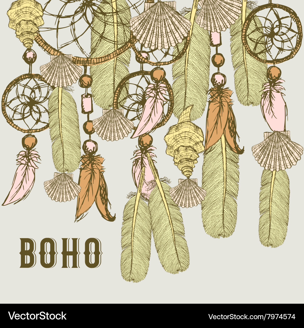 Boho background with feathers and shells Vector Image
