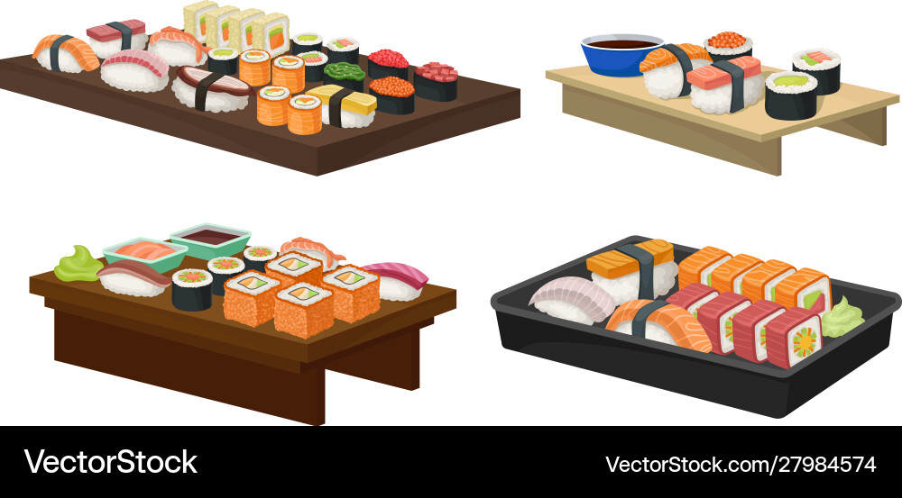 Delicious oriental takeaway sushi set on wooden Delicious oriental takeaway sushi set on wooden vector image