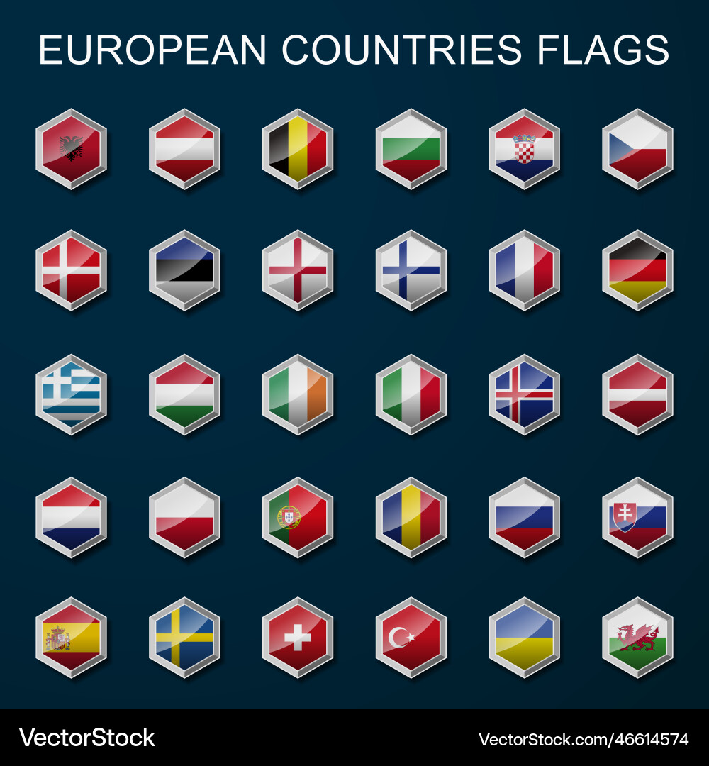 Europe flags hexagon buttons isolated Vector Image
