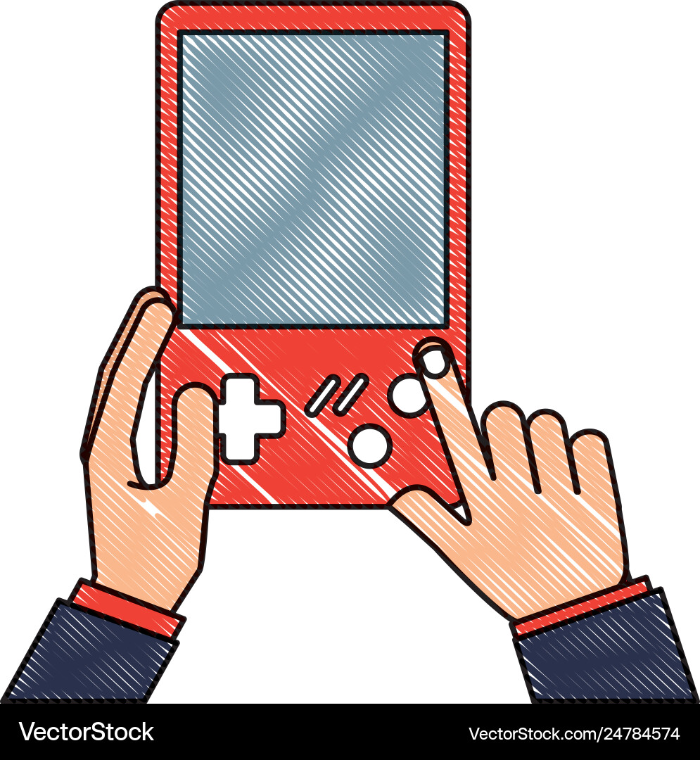 Hands with console video game retro portable Hands with console video game retro portable vector image
