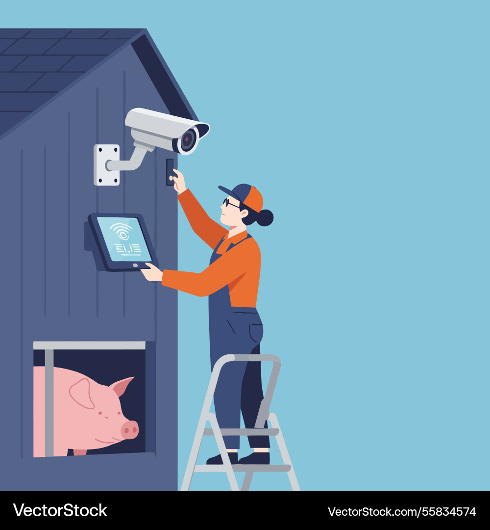 Installing security camera at farm with pig Installing security camera at farm with pig Vector Image