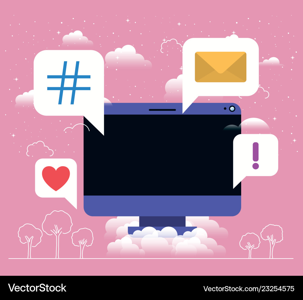 Computer desktop with social media messages Computer desktop with social media messages Vector Image